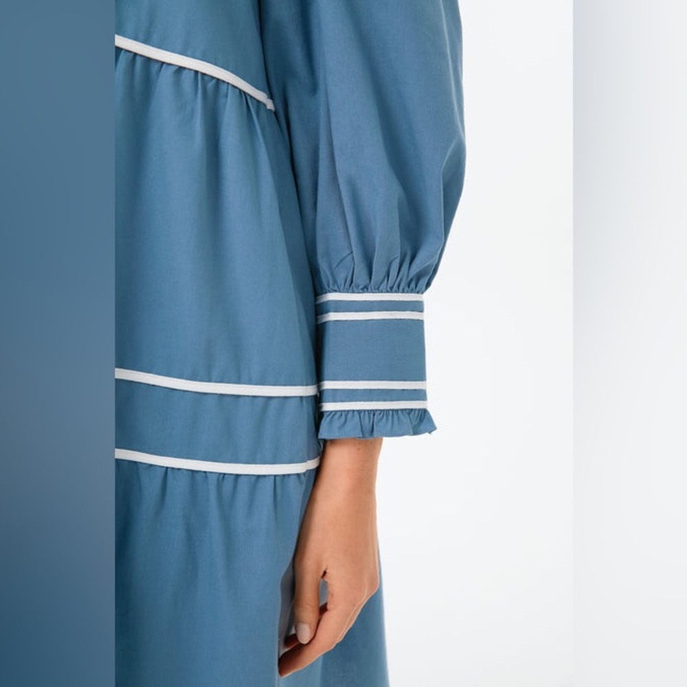 Pomander Place Blue Long Sleeve Tiered V-Neck Dress with White Trim - Picture 5 of 10